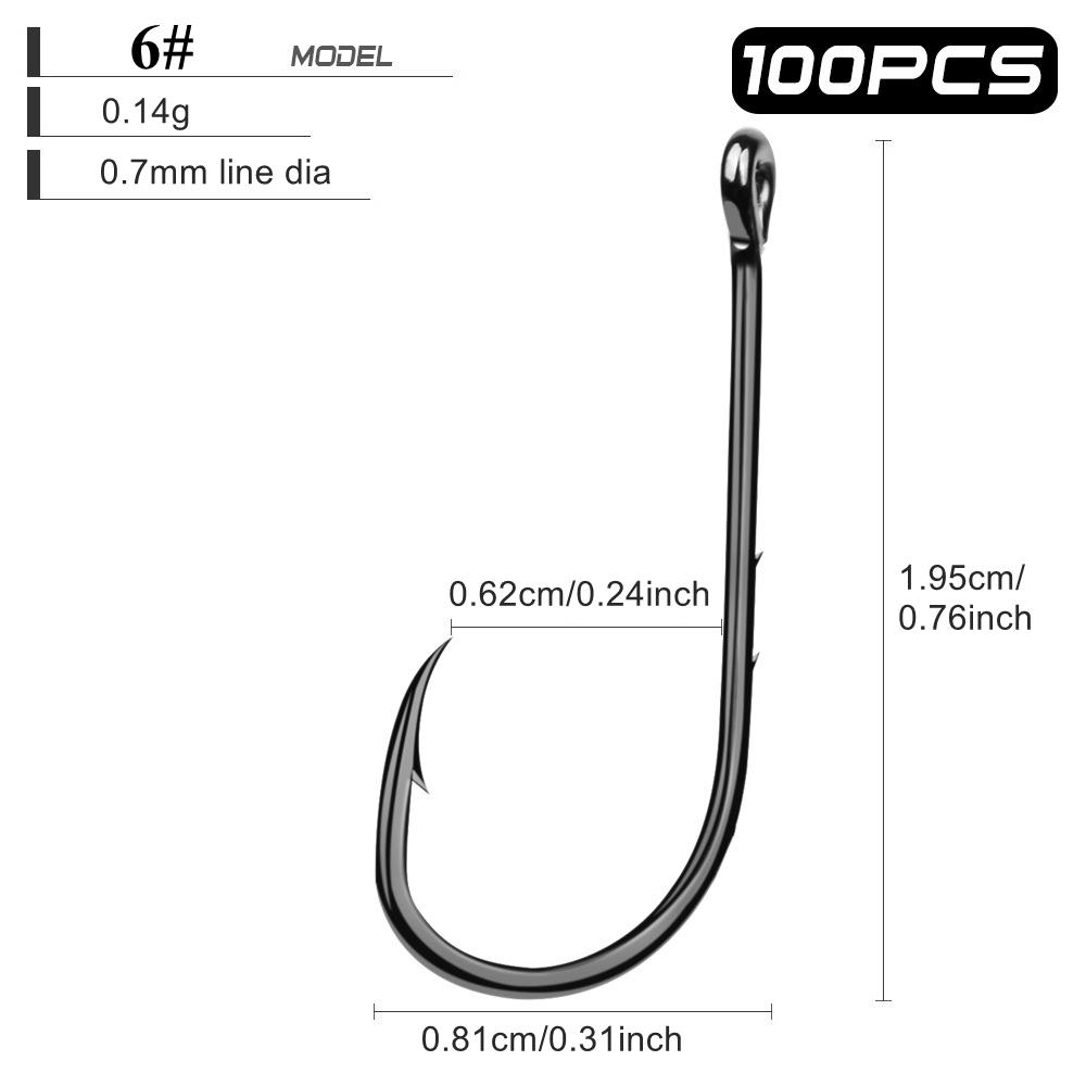 100pcs High Carbon Steel Barbed Live Bait Fishing Hooks 1-6# Single Hook with Hole