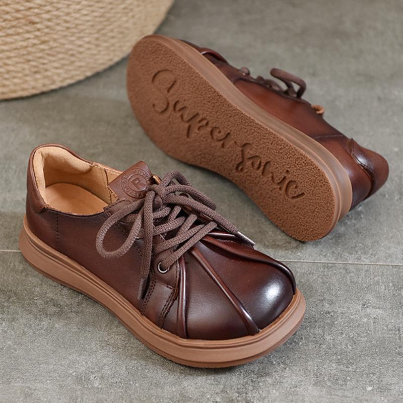 Johnature Flache Retro-Schuhe aus echtem Leder mit runder Spitze, einfarbig, vielseitige Schnür-Damenschuhe