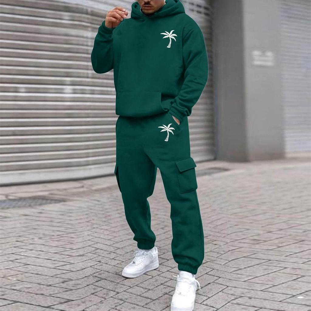 Men's Plus Size Hooded Sweatshirt and Sweatpants Set with Palm Tree Print Fleece Lined Loose Fit for Outdoor Sports and Casual Wear
