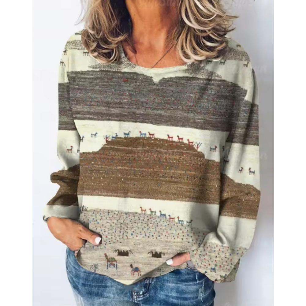 Elegant Vacation, Simple and Fashionable, Blue and White Contrasting Rules, Fine Stripe Pattern, 3D Printed Top, V-neck Long Sleeved Shirt