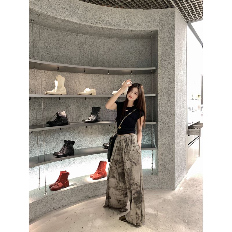 

District Ouyang Pleated Short Sleeves T-shirt Female Summer New Arrival Sexy Silm Slimming Small Flounced Sleeve O-neck Short Tops Black((In Stock)) S