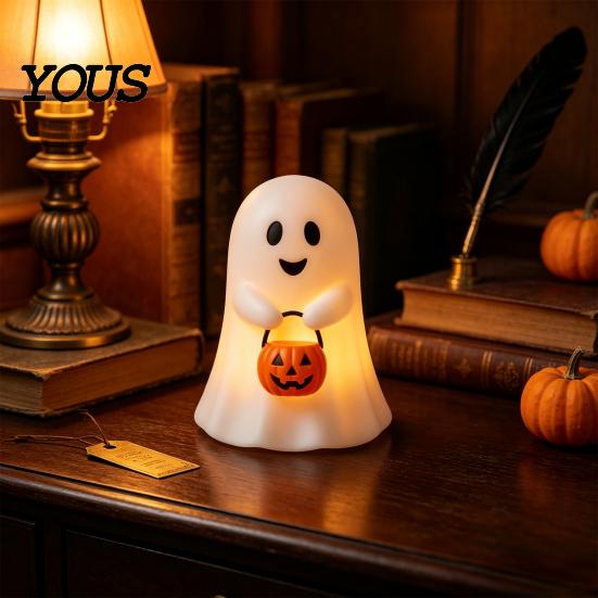 Ghost Festival Party Favors Cute Holding Pumpkin Bucket Table Lamp, Halloween Spooky Bedside Atmosphere Supplies Small LED Night Light for Bedroom
