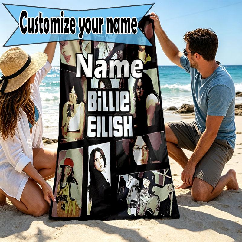 Custom Name Personalized Billie Eilish Print Beach Towel, for Trip Camping Beach Party Home Decor, Birthday Gift for Family & Friends