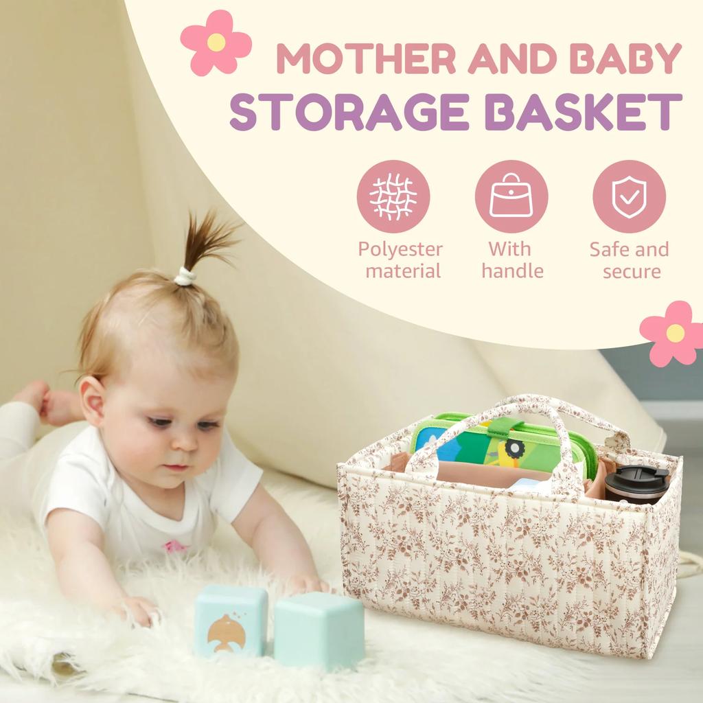 Floral Diaper Caddy Organizer with Handles and Removable Dividers Portable Nursery Storage Basket Versatile Baby Storage Basket