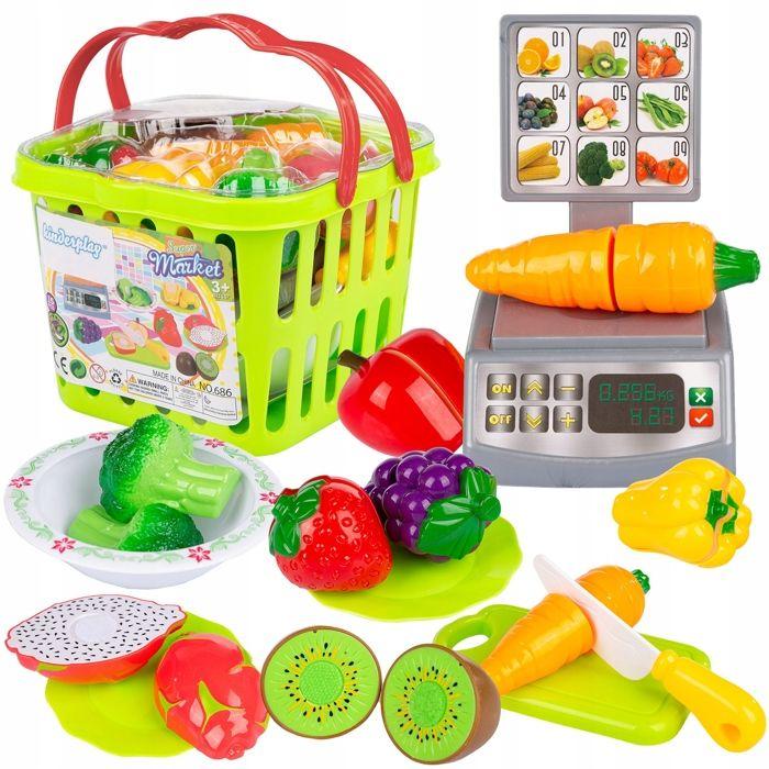 Panier de courses enfant avec fruits et légumes à scratch et balance, 15 pièces - Kinderplay (KP6853)