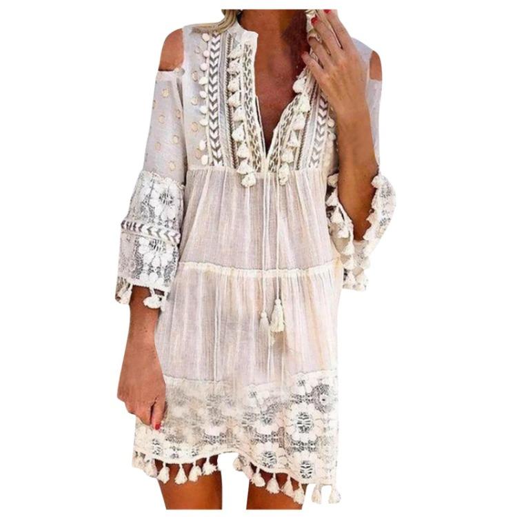 Boho Lace Mini Dress Women Fashion V Neck Three Quarter Sleeve Tassel Dress