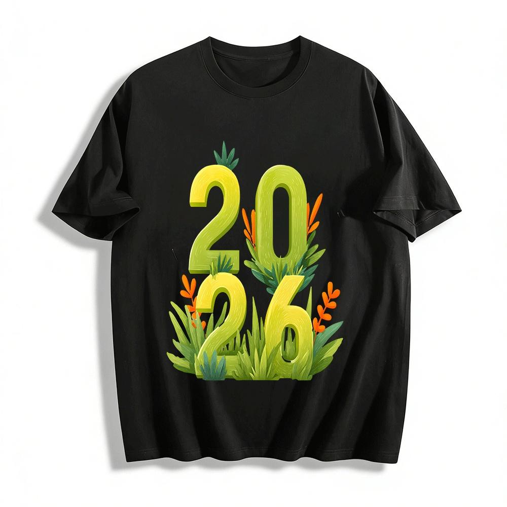 

2026 Nature Style Green Plant Number Print Casual Short Sleeve T-Shirt Pure cotton T-shirt XXS