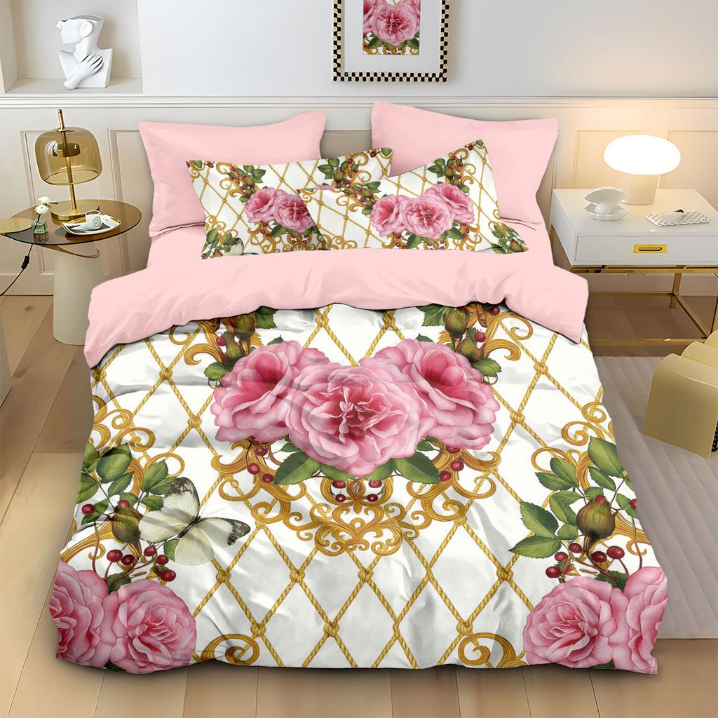Bed Three-Piece Rose 3D Digital Printing Abrasive Pillowcase Quilt Cover Kit