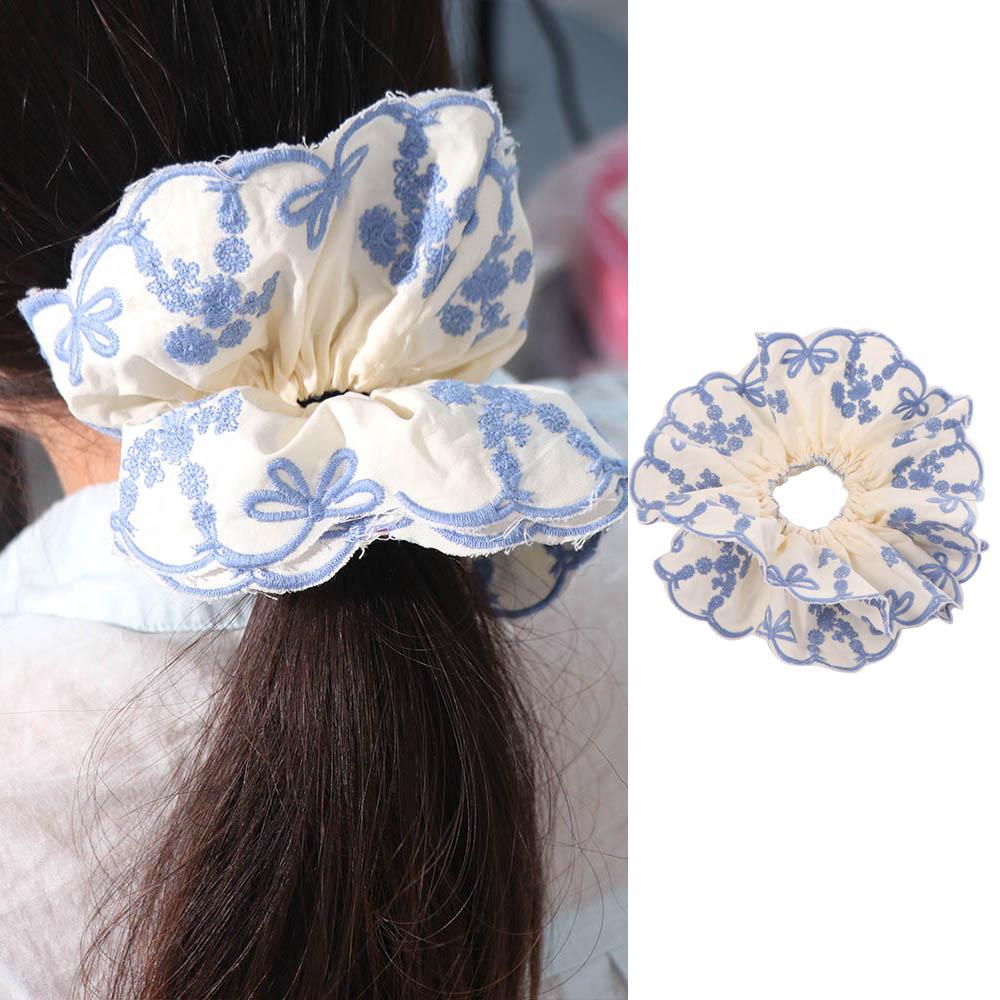 Bow Elastic Hair Bands Blue Embroidery Large Hair Scrunchies Sweet Exaggerated Hair Rope Ladies
