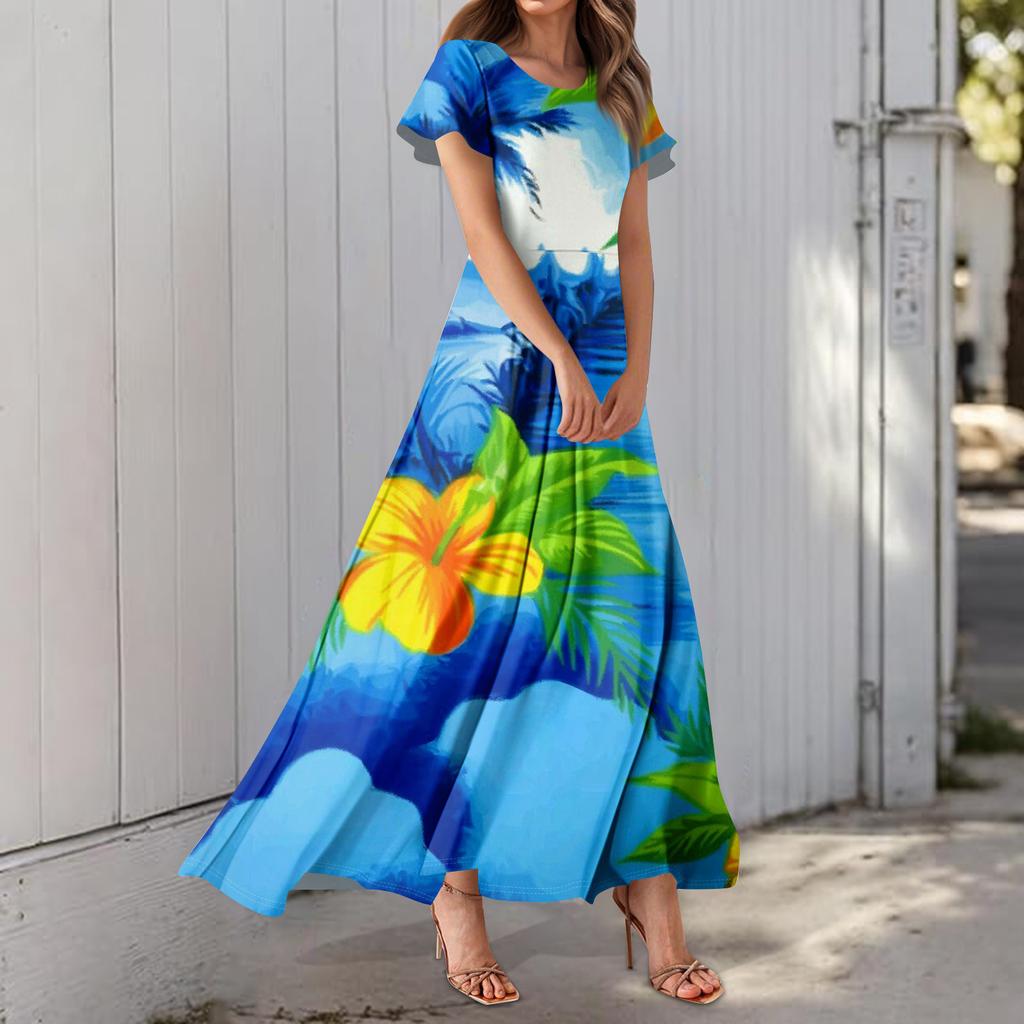 Women's Hawaiian Print Casual Round Neck Short Sleeve High Waist Dress