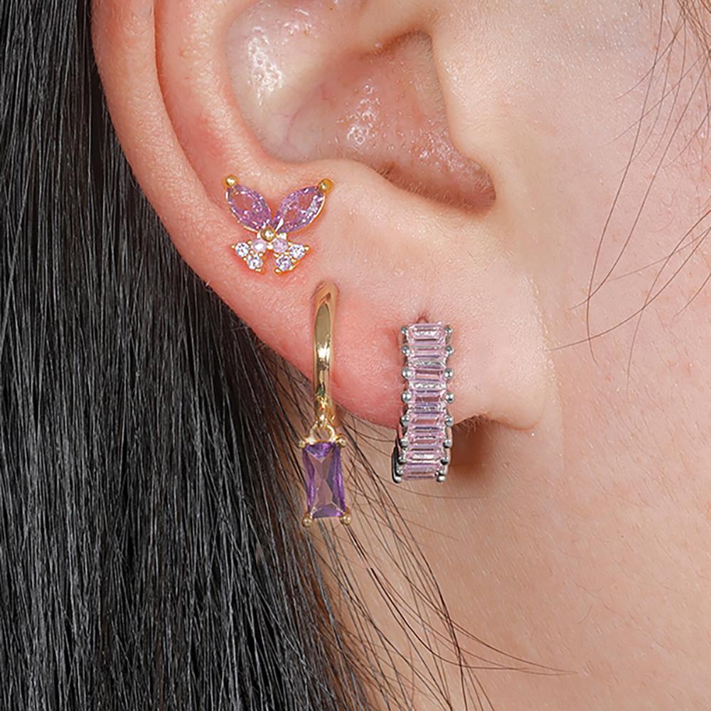 3PCS Gold Color Crystal Square Hoop Earrings Set For Women Butterfly Pendant Cartilage Tragus Helix Ear Stud Fashion Jewelry