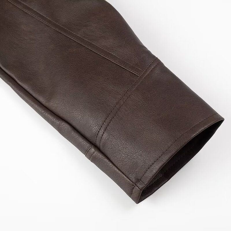 Kaslead New Arrival Women's Clothing Fashion Style Fashion Casual Easiest for Match Coffee Brown Leather Coat