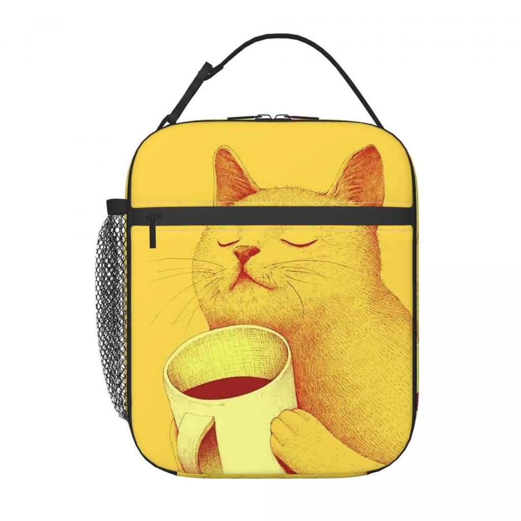 A Yellow Kitten Drinking Coffee Design Insulated Lunch Bag for Women Kids Leakproof Food Boxes Thermal Lunch Box Tote
