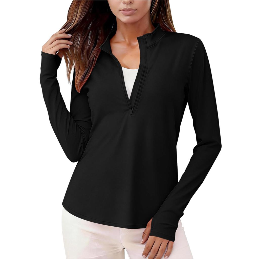 Women's Fashion Solid Slim Fit Casual Half Zip Quick Dry Stand Collar Fitness Sports Yoga Top Long Sleeve Lightweight Activewear