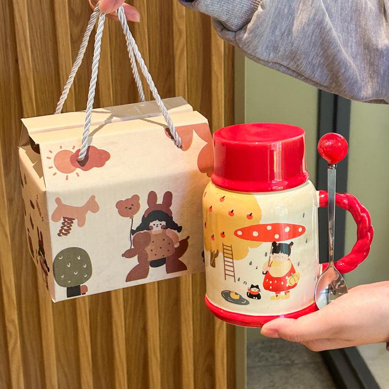 Cute pastoral girl kettle high-value ceramic mug with lid for girls' birthday gift practical souvenir