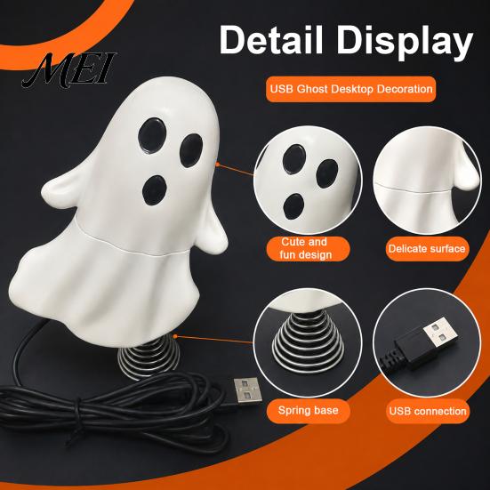 Dynamic Spring Ornament Cute Ghost Night Light with Base, USB Powered Mini Spooky Halloween Small Bedside Lamp Tree Topper LED for Party, Office Desk,