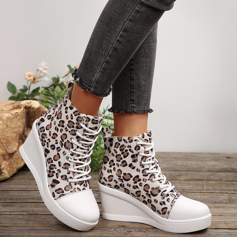 Sexy Leopard Wedge Heel Lace Up Canvas Shoes Women 2025 Autumn Round Toe Medium Heel Shoes Thick Bottom Ankle Boots