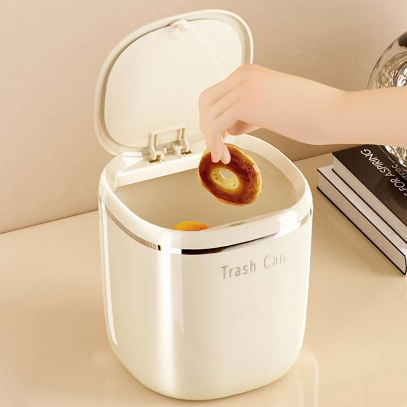 Mini Cream Flips Lid Trash Can Durable Plastic For Desk Organization In Dorm And Office With Space Saving