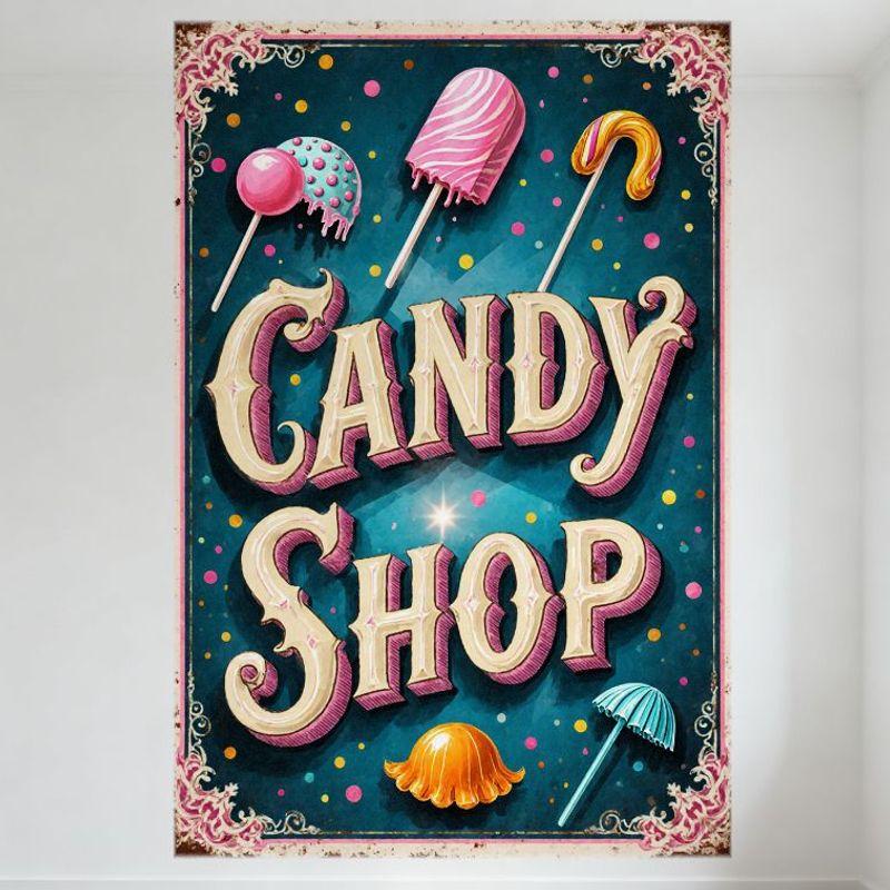 

Винтажная металлическая табличка «Конфетный магазин», причудливый бирюзовый фон в горошек с цветочным бордюром, красочные конфеты и текст «CANDY SHOP» 20x30cm（7.8x11.8inch）