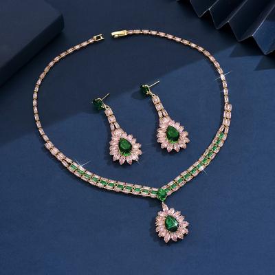 Elegant Pink Green Zirconia Set Necklace Earrings Women Formal Evening Wear Light Luxury Jewelry