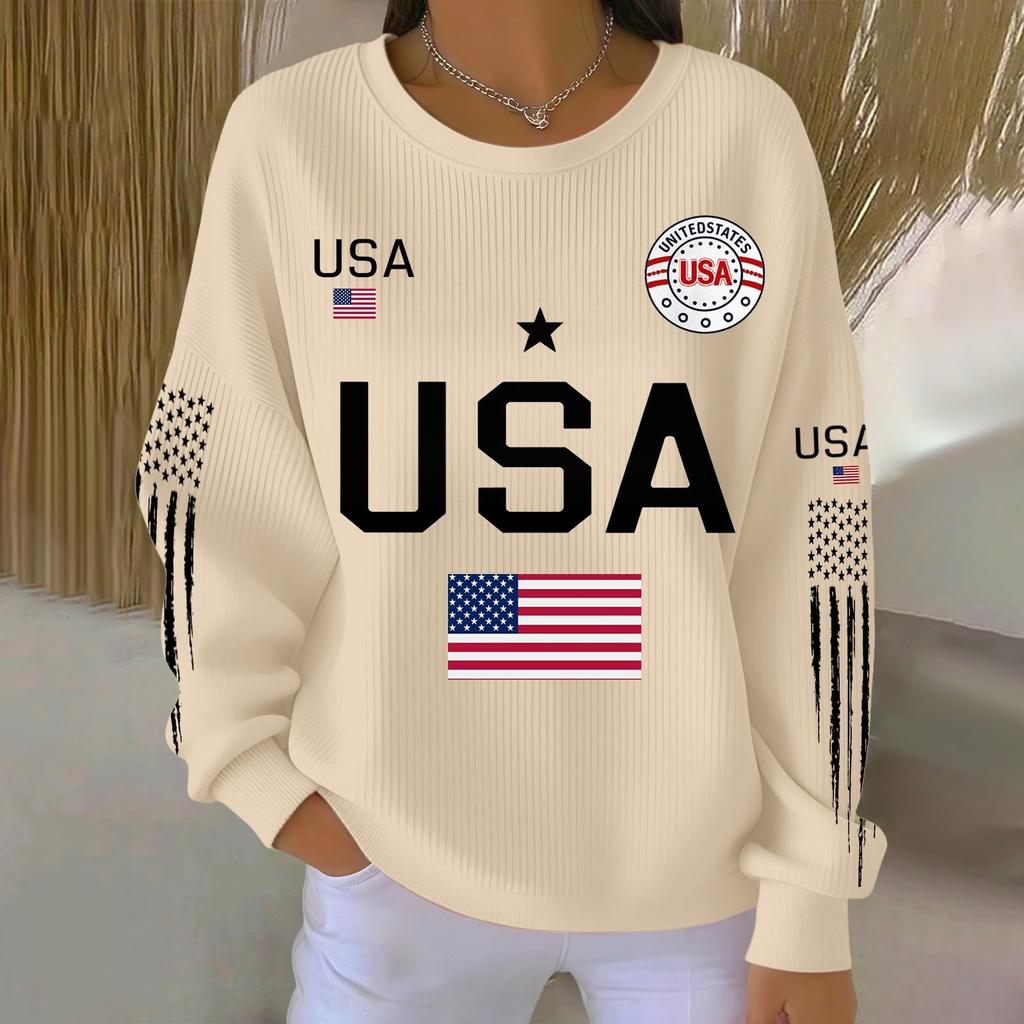 Bluza z długim rękawem z nadrukiem liter USA, z okrągłym dekoltem, casualowa, luźny krój, top dla kobiet, mężczyzn, unisex, wzór flagi