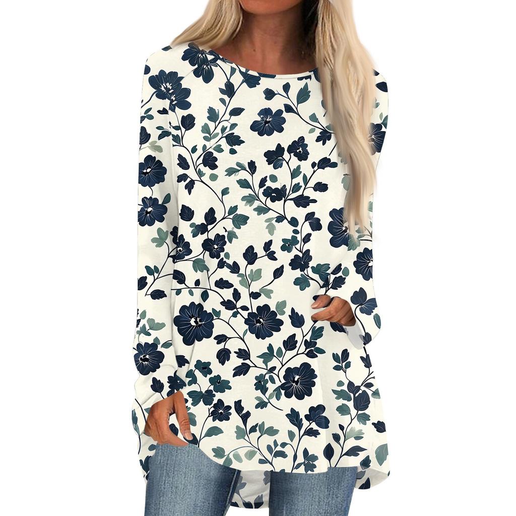 Women's Fashion Casual Long Sleeve Print Round Neck Pullover Top Blouse