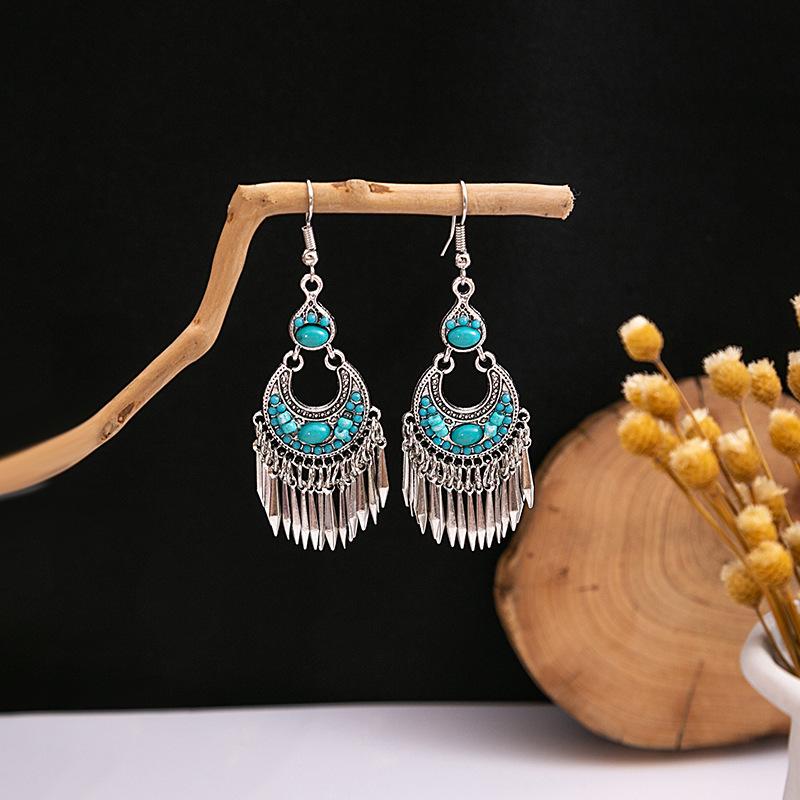 Europe, America, Bohemian Ethnic Style Stud Earrings, Long Fringed Metal Earrings, Fashion, Exotic Style Earrings Wholesale
