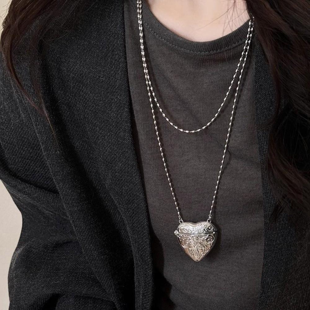 Sliver Color Long Necklace Stereo Heart Shape Clothes Jewelry Mini Bag Pendant  For Women Men Gift