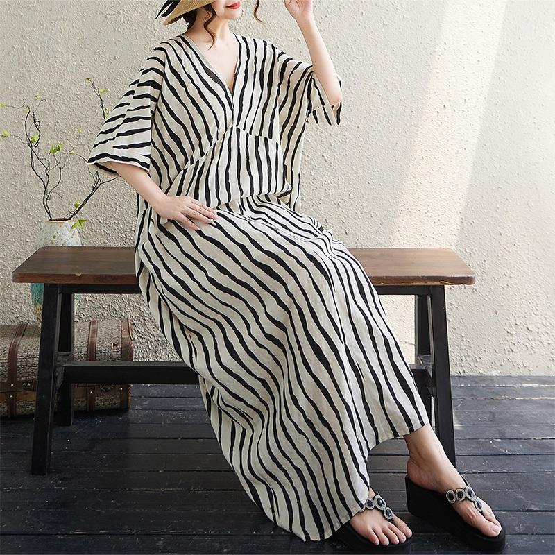 Short Sleeve Plus Size Cotton Vintage Stripe New In Dresses for Women Casual Loose Long Summer Dress