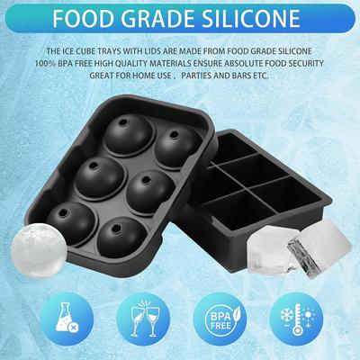 Ice Cube Trays (Set of 2), Silicone Sphere Ice Cube Mold with Lid & Large Square Ice Tray for Whiskey Cocktails