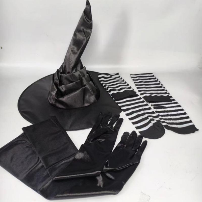 Halloween Witch Hat Cosplay Costume Black Folds Wizard Hat Striped Socks Long Gloves Set Headgear Decor Props For Adult New