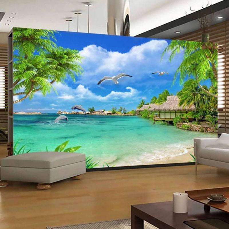 Kokosnussbaum-Küstenlandschaft-Natur-Tapete-Wohnzimmer-Thema-Hotel-Strand-3D-Wandbild