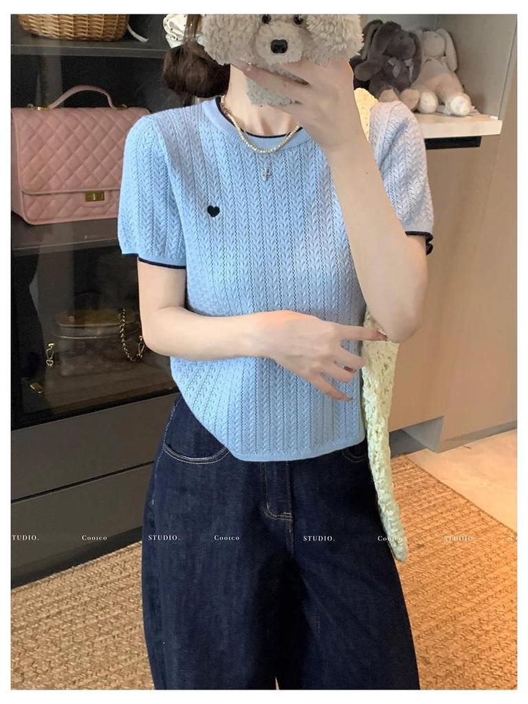 Chic Color Block Crew Neck Short Sleeve Knitted T-Shirt for Women - Preppy Style Summer 2025