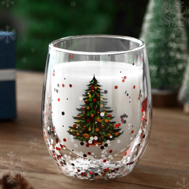 Decorative Christmas Double Wall Glass for Coffee and Milk 300ml Capacity Drinking Cup Heat Resistant Holiday Drinkware