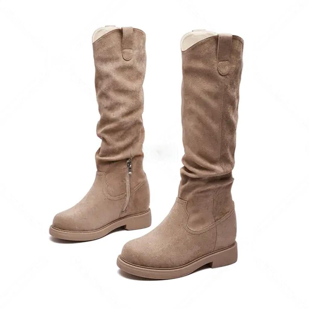 2025 Autumn New Pleated Tall Boots Retro Wood Grain Thick Heel Round Head Stacking Boots Female Knight Boots Elastic Boots