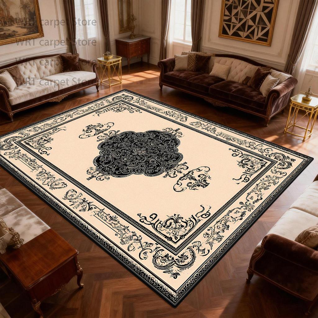 New Classical Black White Flower Pattern Living Room Carpet Retro Decoration Foldable Washable Soft Mat Bedroom Sofa Area Rug