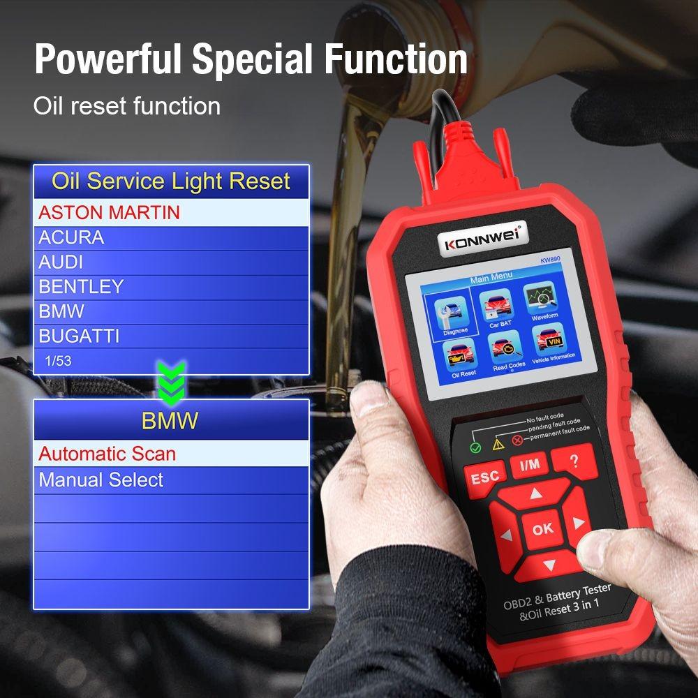 KONNWEI KW890 Öl-Reset-Batterietester OBD2-Diagnosescanner-Tool 3-in-1 EOBD-Motorprüfcodeleser-Diagnosetool