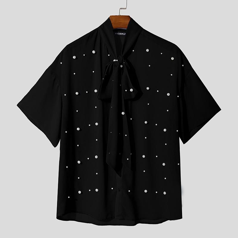 

INCERUN Men Summer Tie Up Short Sleeve Beading Mesh Sheer Seen Through T-shirts чёрный