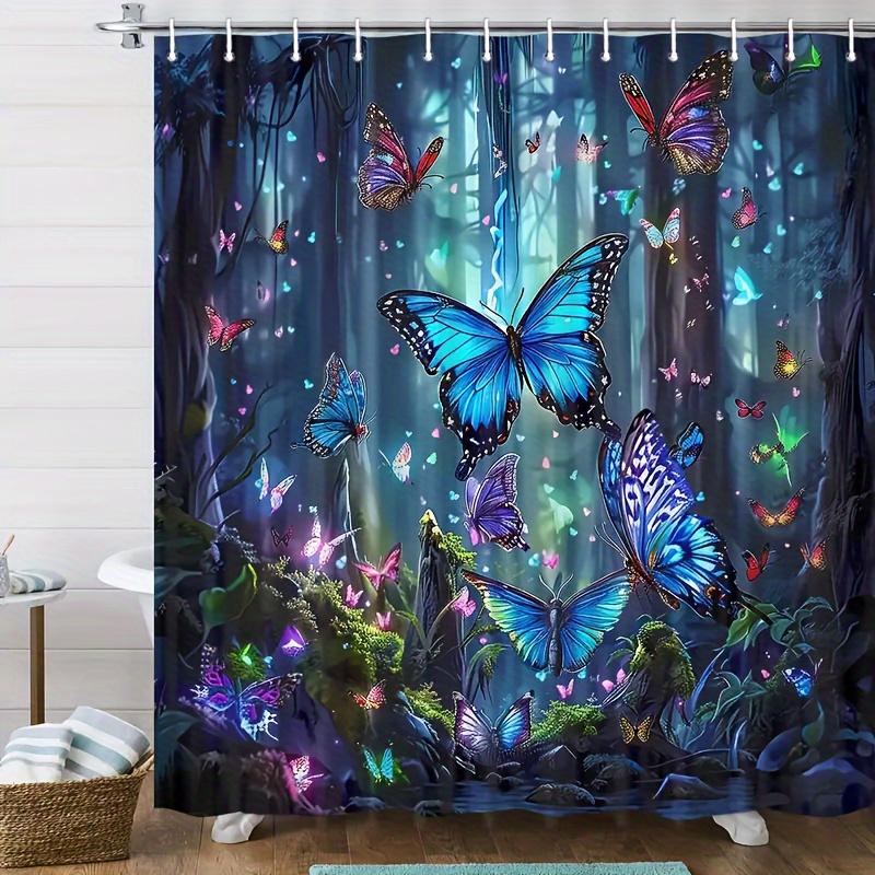 Vibrant Blue Forest Butterfly Shower Curtain With Hooks-Animal Print, Decorative Shower Curtain Available All Season 180X180Cm