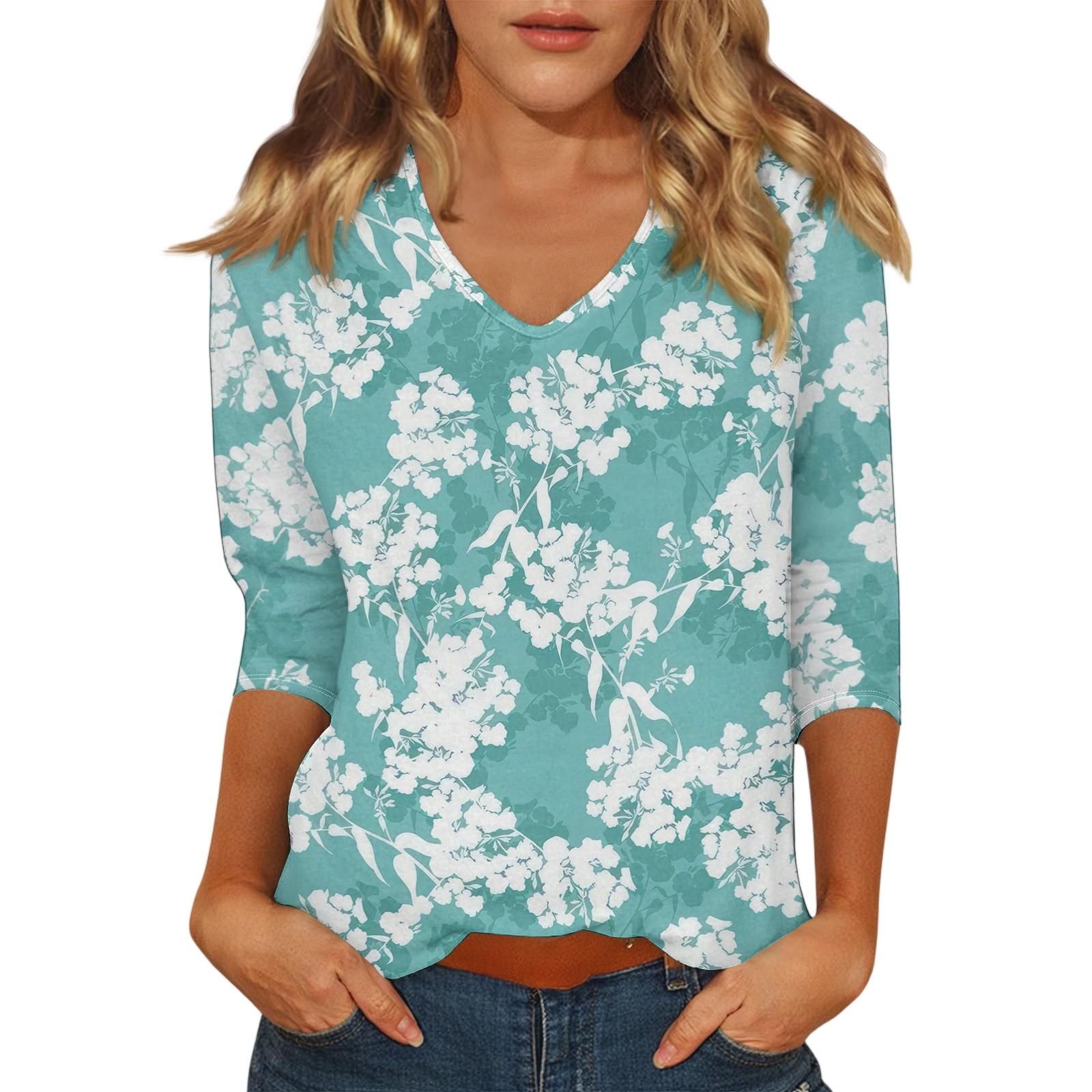 Women s Casual Fashion Sexy Comfortable V-Neck Floral Seven Sleeve Top S циан