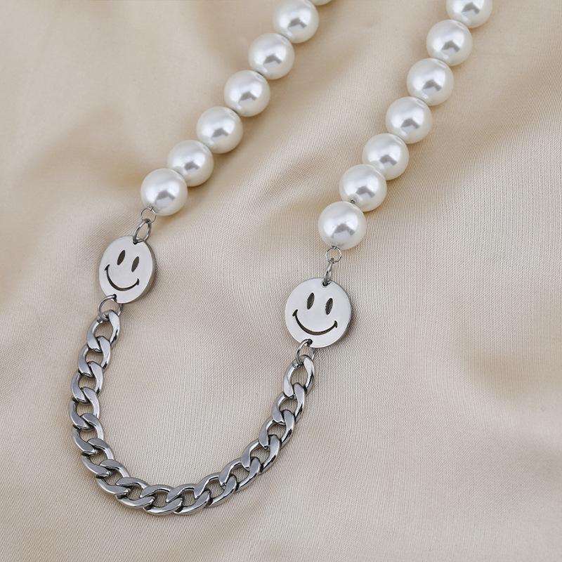 Titanium Double Steel Smiley Face Pearl Necklace Unisex Trendy Jewelry For Fall Winter Wear