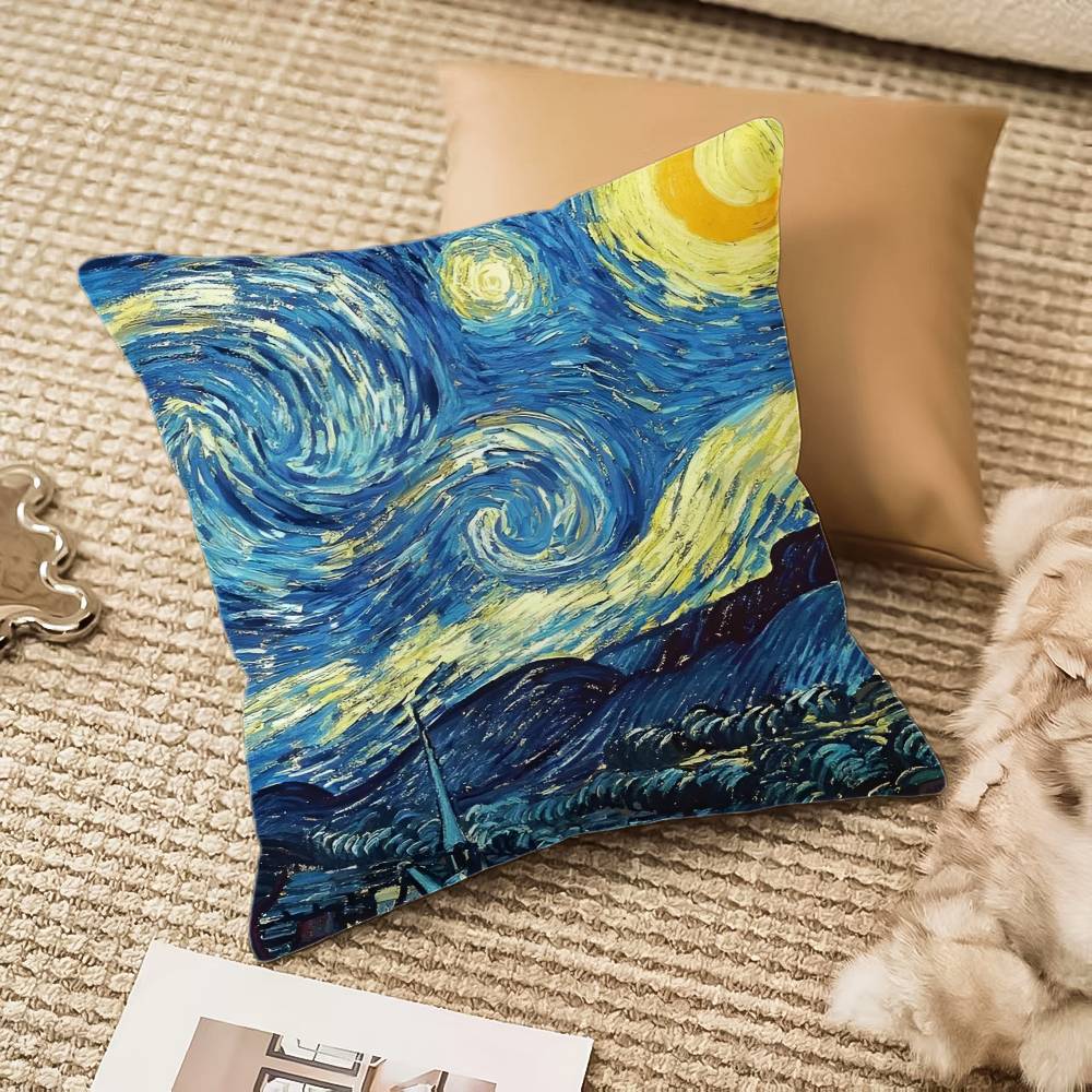 V-Van Gogh Ölgemälde Druck Kissenbezug Milbenschutz Kissenbezug Verdeckter Reißverschluss Seidiger Kurzer Plüsch Sofakissenbezug