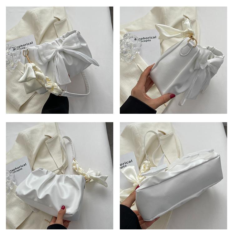 Lovely Bow Handbags for Girls Ladies Fashi Pleated Shoulder Bags for Women Simple Design Female Underarm Bag Casual Tote Purse