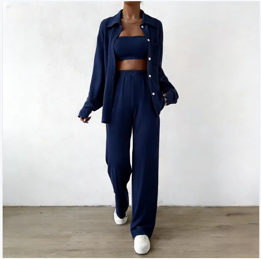 

2025 Spring/Summer Loose-Fit Top & Wide-Leg Pants Set - Solid Color Women s Fashion S темно-синього кольору