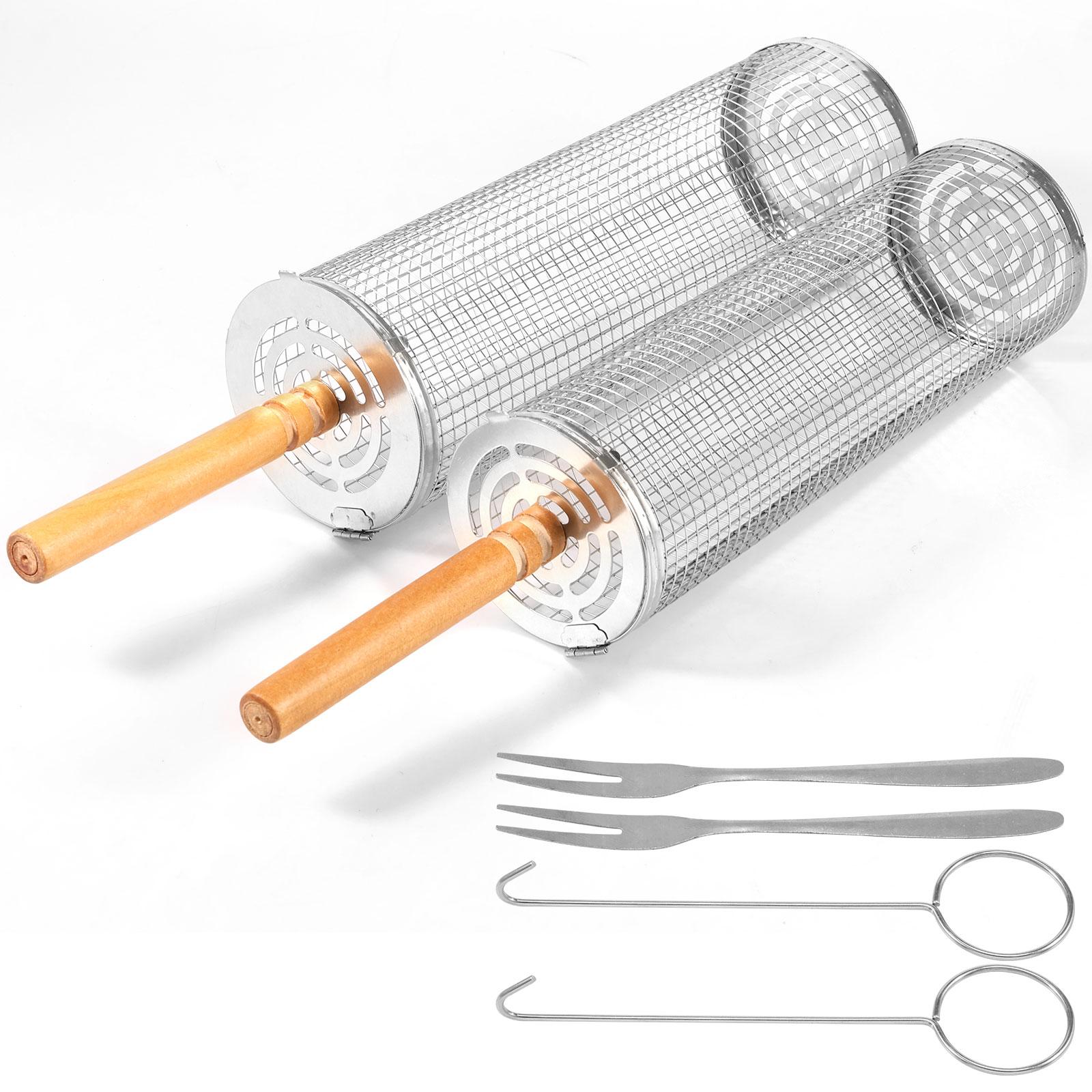 

BBQ Basket Stainless Steel Rolling Grilling Basket Grill Net Cylinder Grill Basket Portable Round Outdoor Camping Barbecue Rack