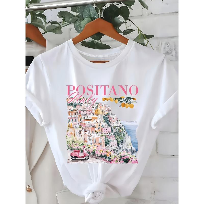 European size A Comfortable Short-Sleeve Round-Neck T-Shirt Featuring a Print of The Italian Coastline, Made from Soft Fabric