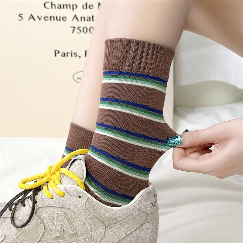 European Goods Early Autumn Retro American Color Striped Socks Contrast Stripes Can Be Revealed Style Pure Cotton Mid-Tube Stacked Socks