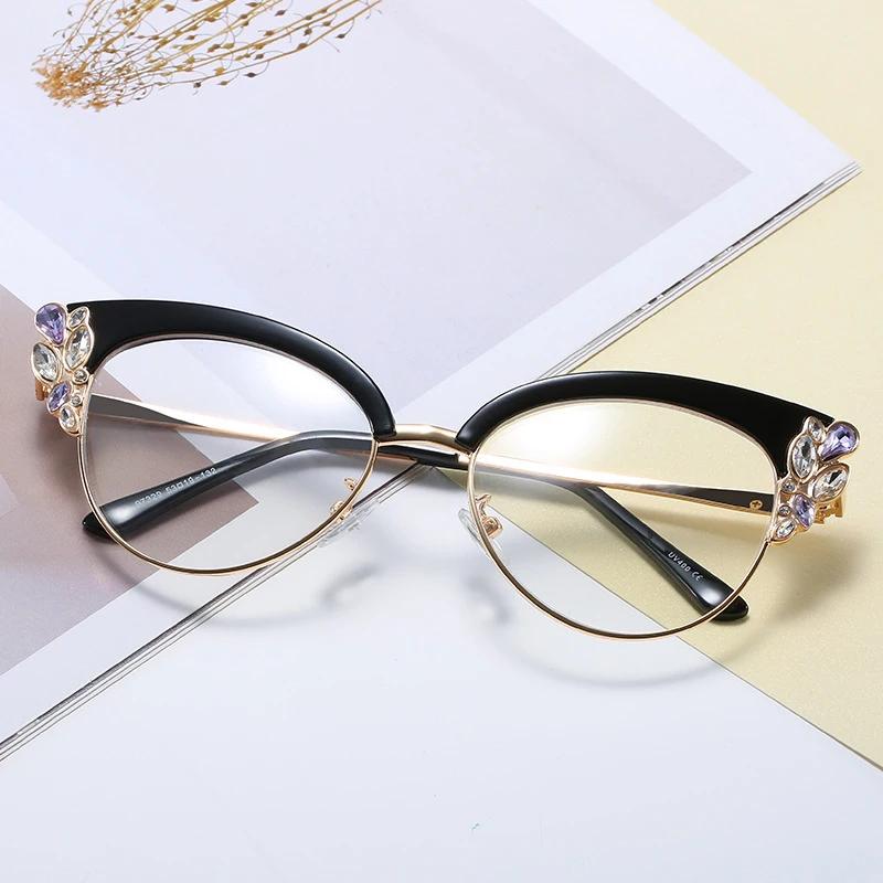Fashion Blue Light Blocking Eyeglasses Women Retro Cat Eye Diamond Optical Frame Men Reading Eyeglasses Clear Lens Spectale Eyeglasses