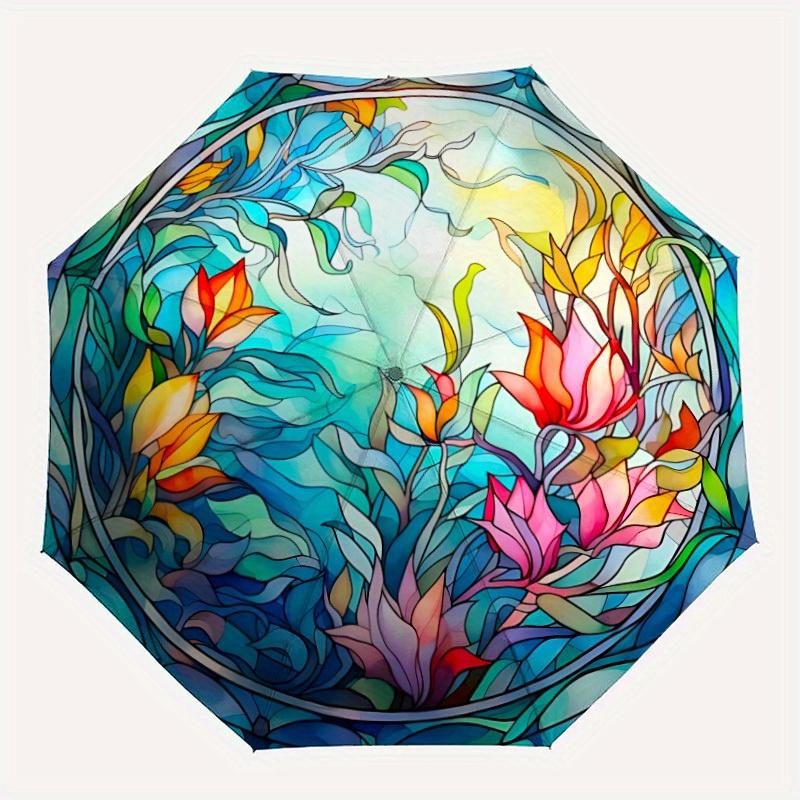 

1pc Stained Floral Design Automatic Umbrella - 8-Rib Foldable Design, Outdoor Adventures, and Family Celebrations yy250829066