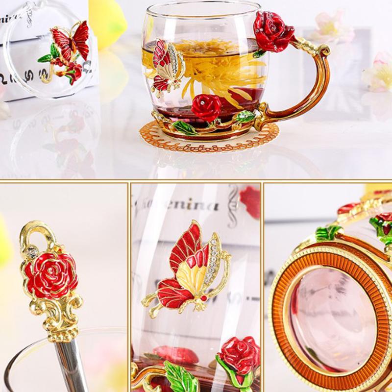 Homtibrm Tazza Da Tè In Vetro Smaltato Con Fiori Viola - Set Regalo Con Cucchiaio, Sottobicchiere E Biglietto - 330ml